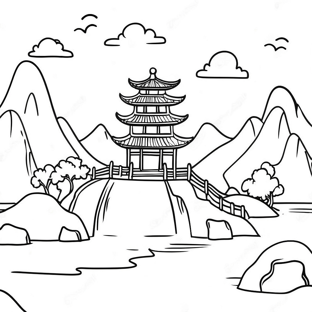 Beautiful Chinese Landscape Coloring Page | Chinese coloring page