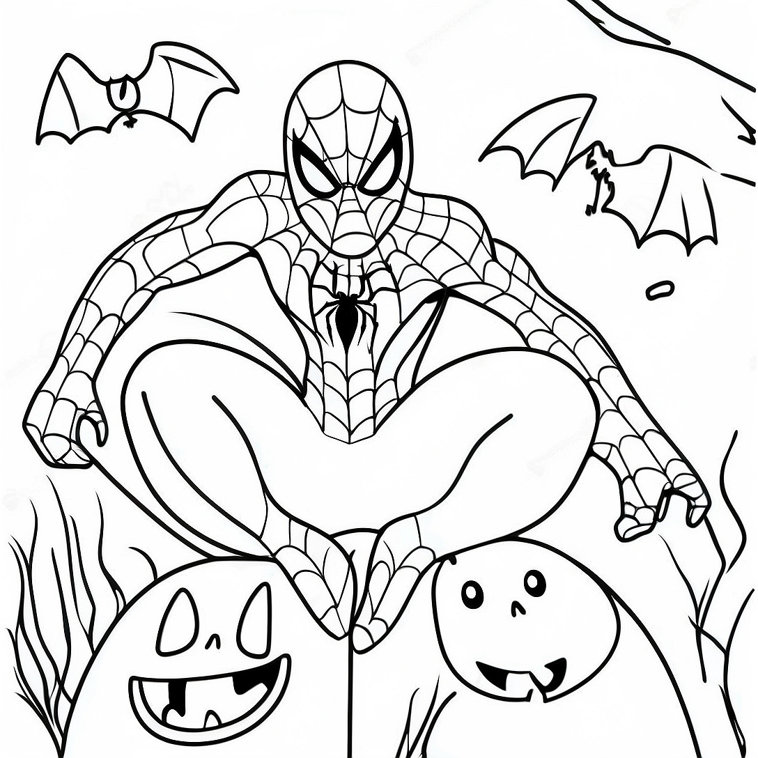 Spooky Spiderman with Pumpkins Coloring Page | Spiderman Halloween coloring page