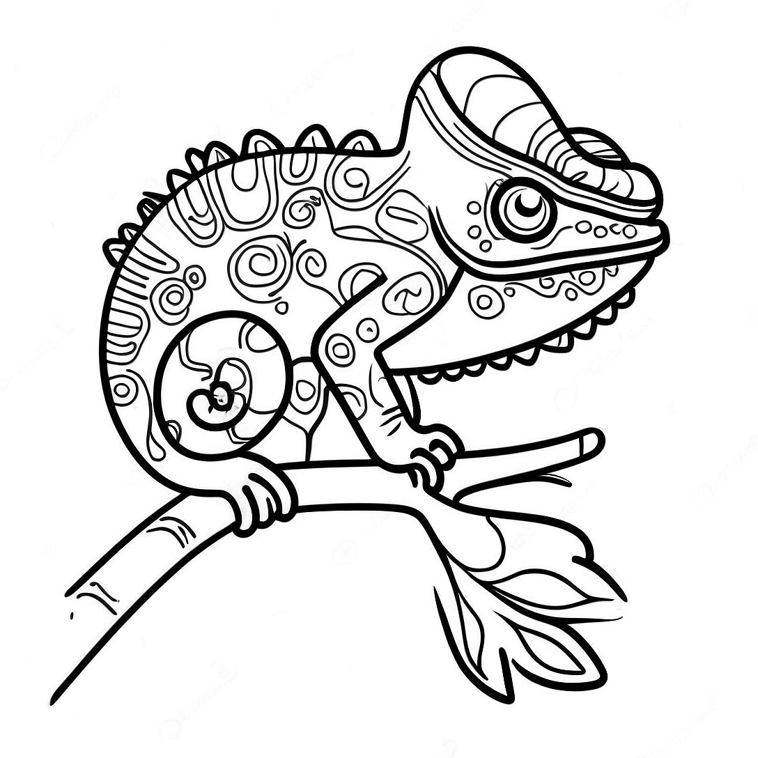 Colorful Chameleon on a Branch Coloring Page | Chameleon coloring page