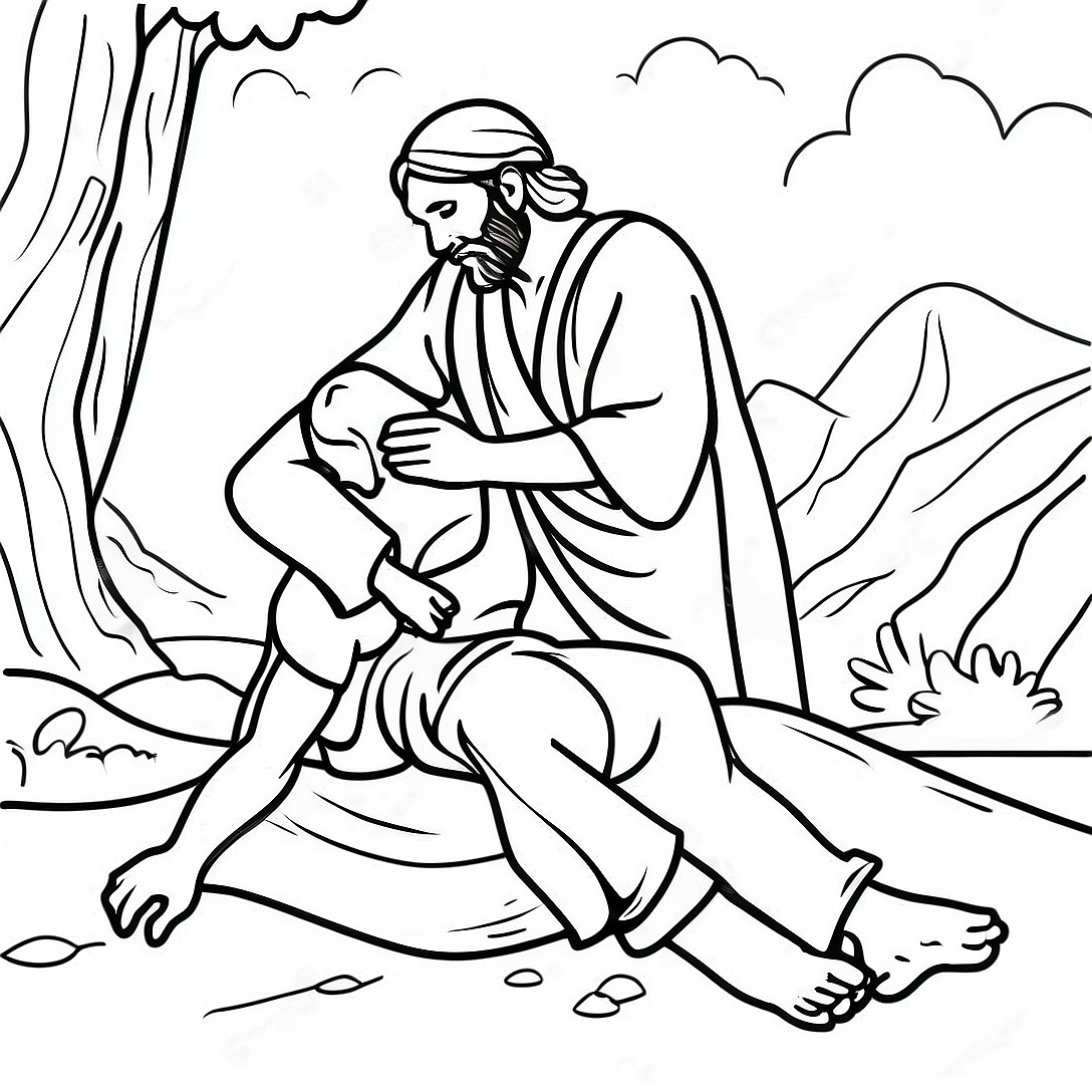 The Good Samaritan Carrying the Wounded Traveler Coloring Page | The Good Samaritan coloring page