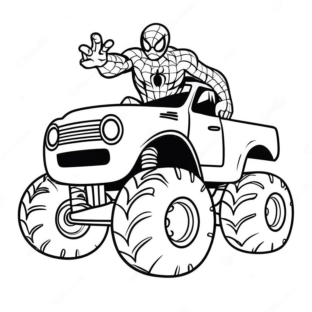 Spiderman Driving a Giant Monster Truck Coloring Page | Spiderman Monster Truck coloring page