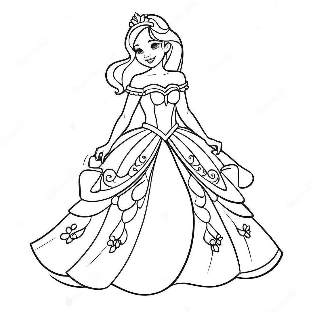 Elegant Princess in a Sparkling Dress Coloring Page | Prince and Princess coloring page