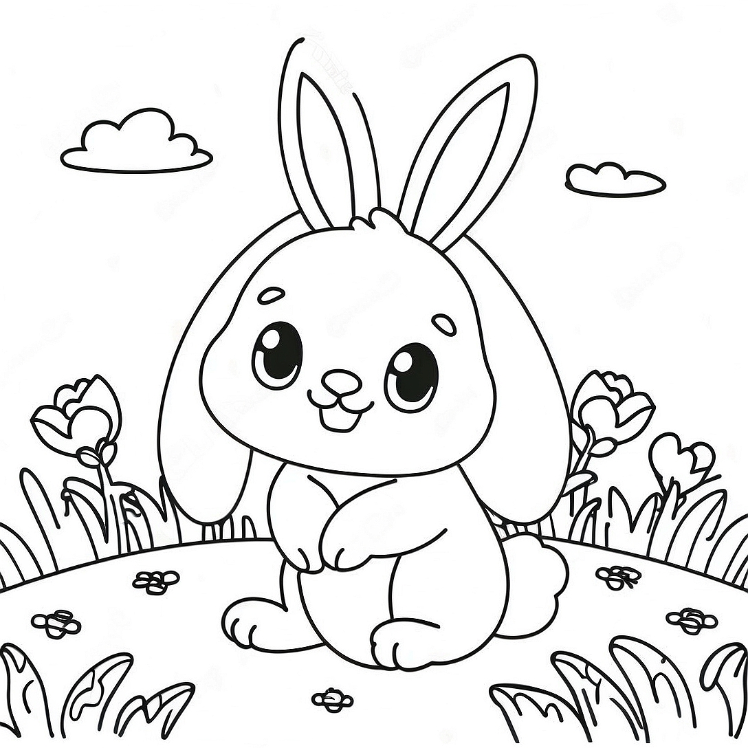 Cute Baby Bunny in a Flower Field Coloring Page | Spring Animal coloring page