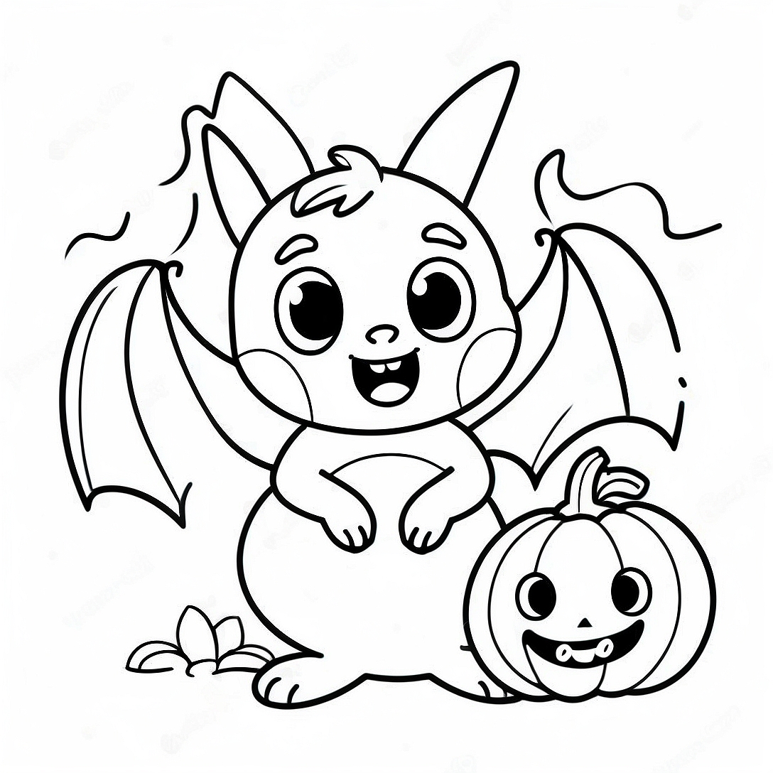 Cute Halloween Bat with Pumpkin Coloring Page | Halloween Bat coloring page