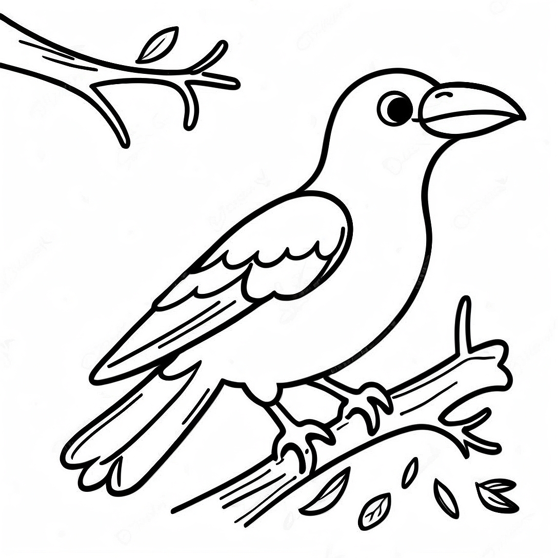 Playful Crow Sitting on a Branch Coloring Page | Crow coloring page