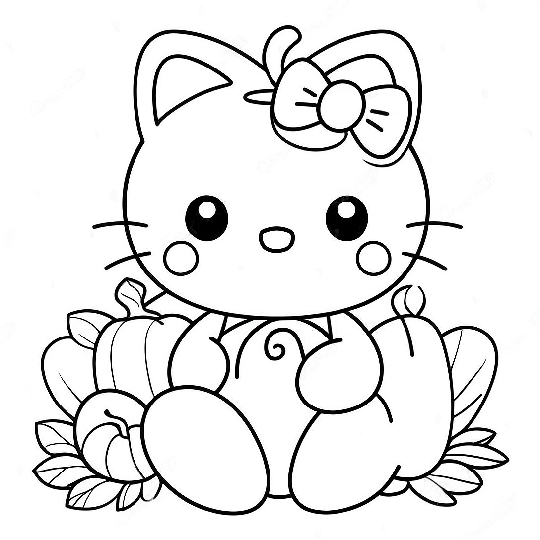 Cute Hello Kitty with Pumpkin Coloring Page | Hello Kitty Thanksgiving coloring page