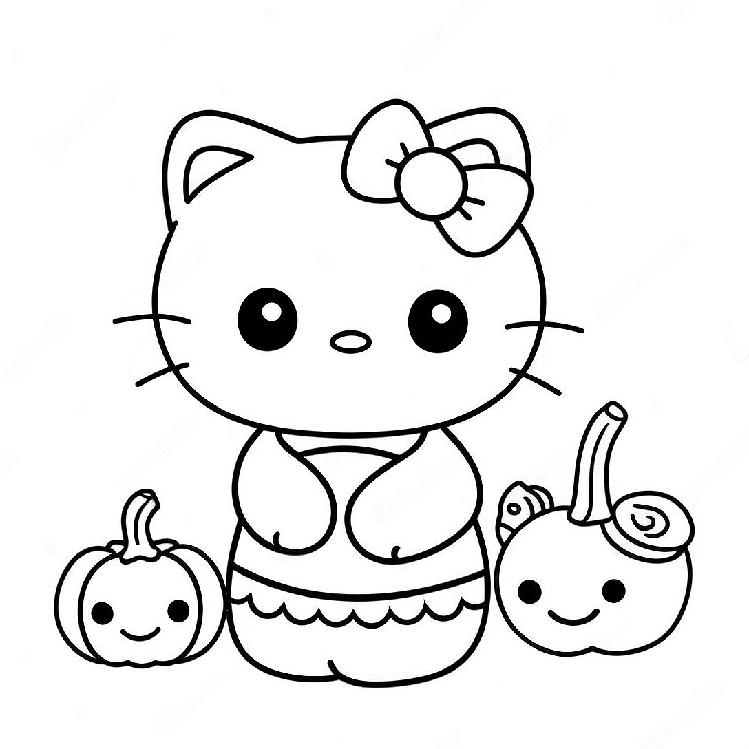 Cute Hello Kitty with Pumpkin Coloring Page | Hello Kitty Thanksgiving coloring page