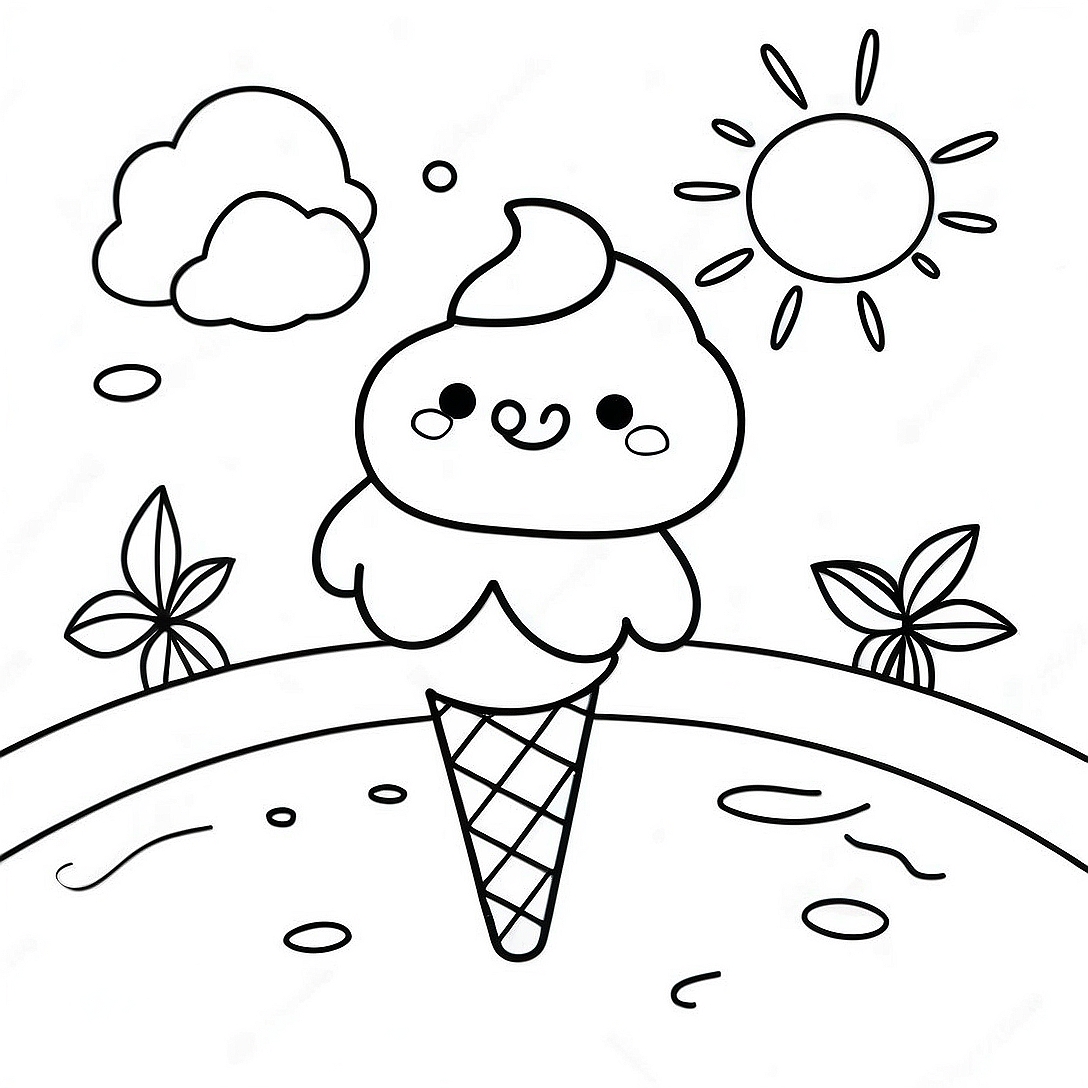 Sunny Day with Ice Cream Coloring Page | Summer coloring page