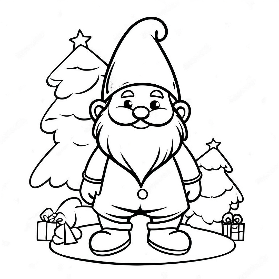 Festive Gnome with Christmas Tree Coloring Page | Christmas Gnomes coloring page
