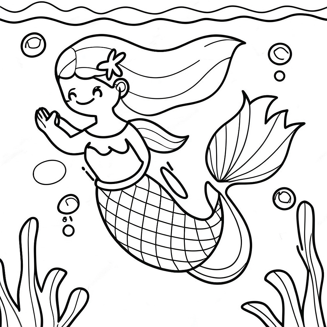 Beautiful Mermaid Underwater Scene Coloring Page | Beautiful & Realistic Mermaid coloring page