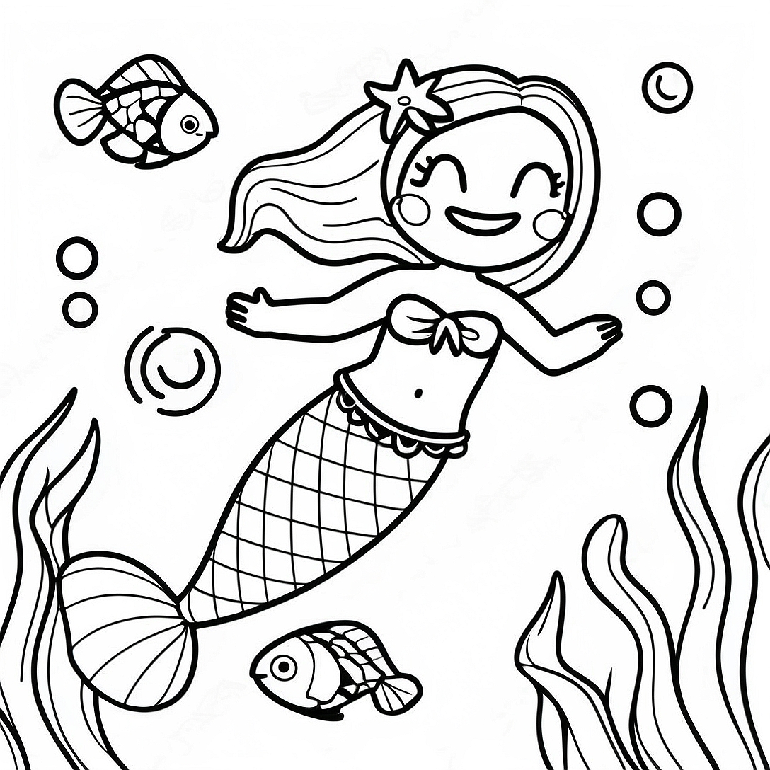 Realistic Mermaid with Colorful Fish Coloring Page | Beautiful & Realistic Mermaid coloring page
