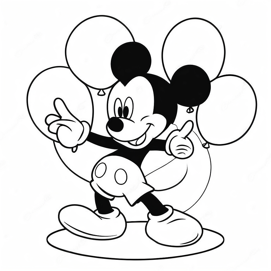 Mickey Mouse with Colorful Balloons Coloring Page | Mickey Mouse Birthday coloring page