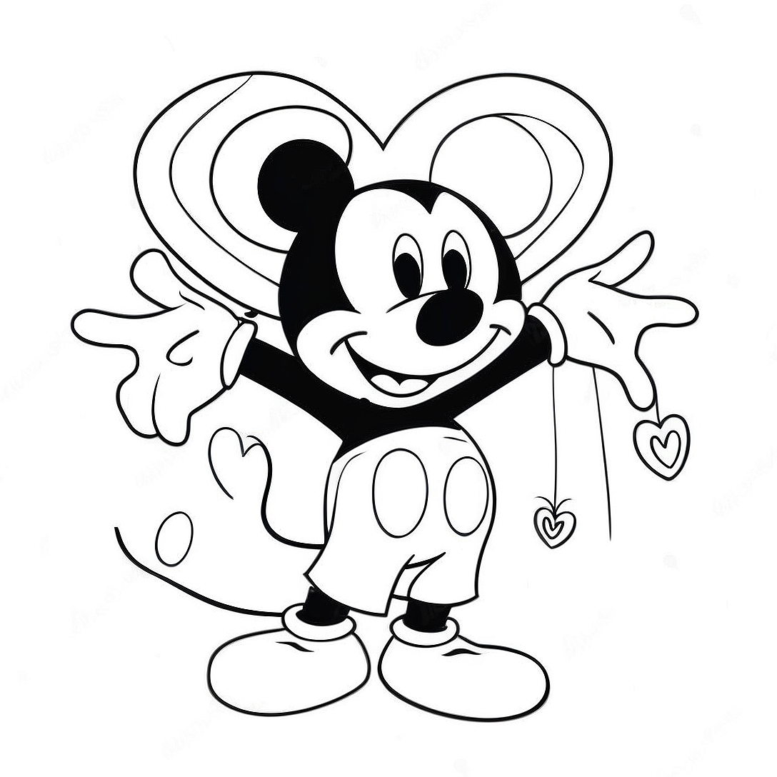 Mickey Mouse with Heart Balloons Coloring Page | Mickey Mouse Valentine's Day coloring page