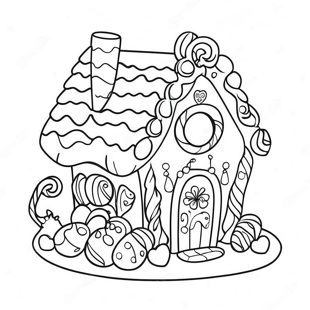 Gingerbread House with Colorful Candies Coloring Page | Gingerbread House Sheet coloring page
