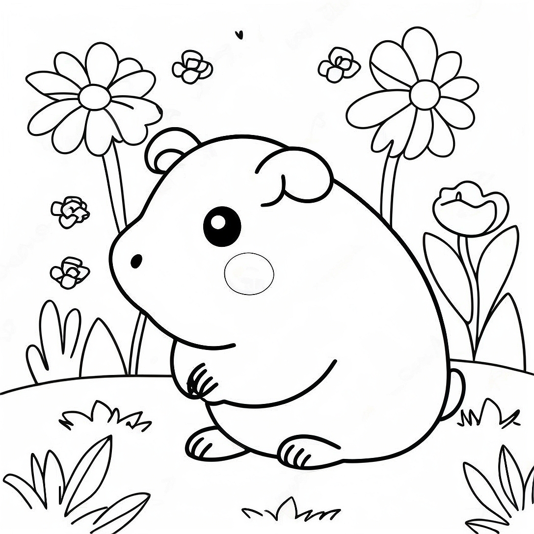 Cute Guinea Pig in a Flower Garden Coloring Page | Guinea Pig coloring page