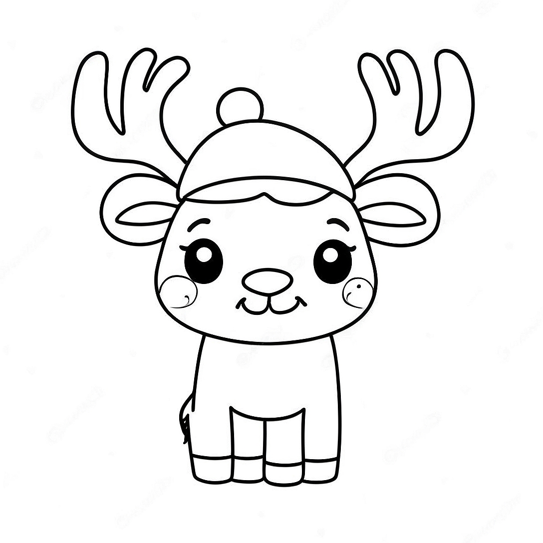 Cute Reindeer with Santa Hat Coloring Page | Christmas Animals coloring page