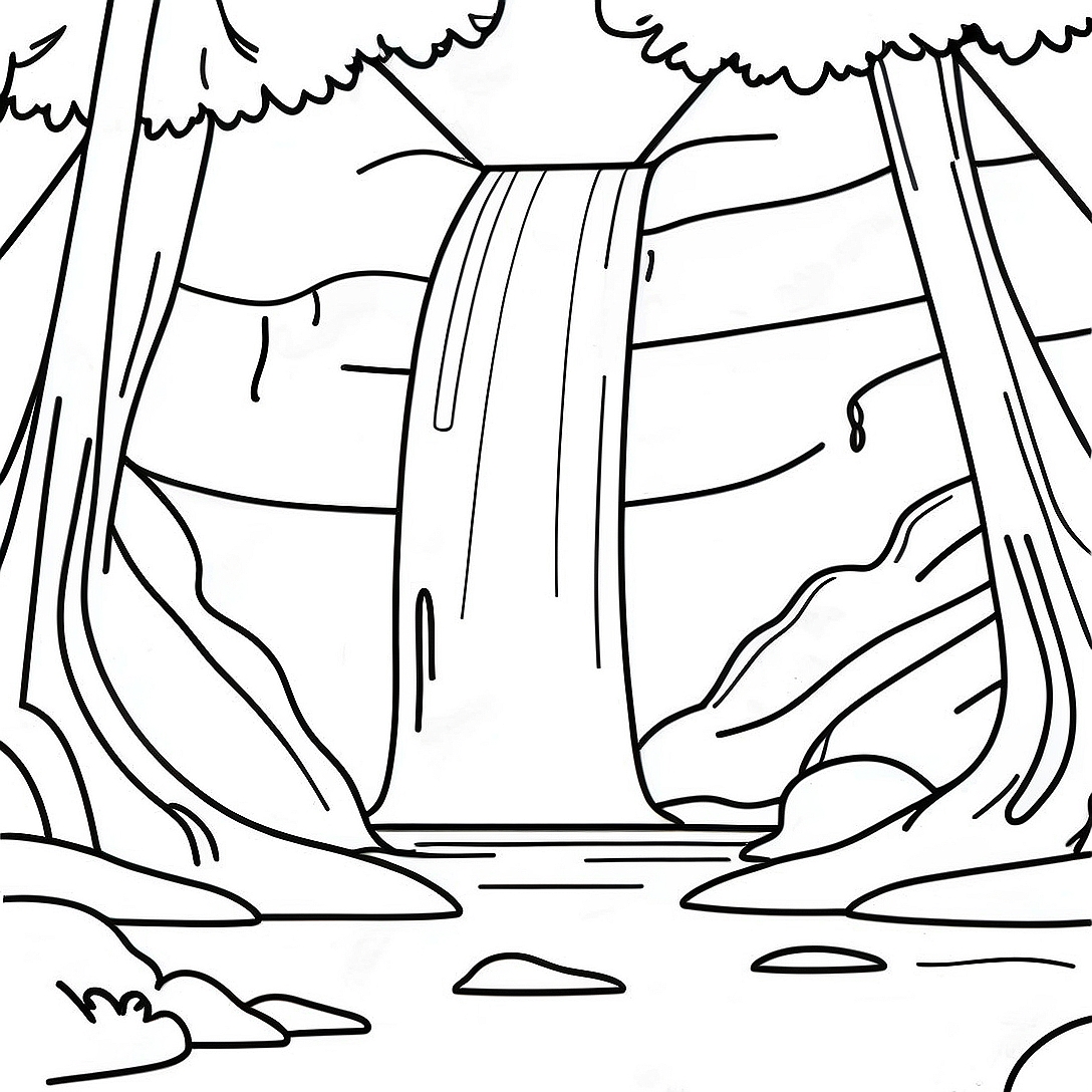 Majestic Waterfall in a Forest Coloring Page | Waterfall coloring page