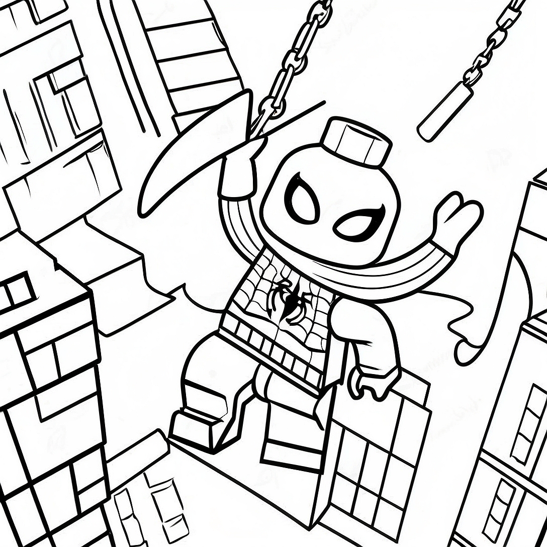 Lego Spiderman Swinging Through City Coloring Page | Spiderman Lego coloring page