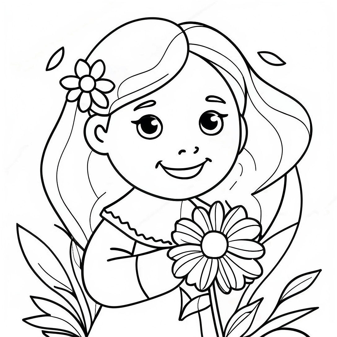 Adorable Girl with Flowers Coloring Page | Pretty Girl Cute Girl coloring page