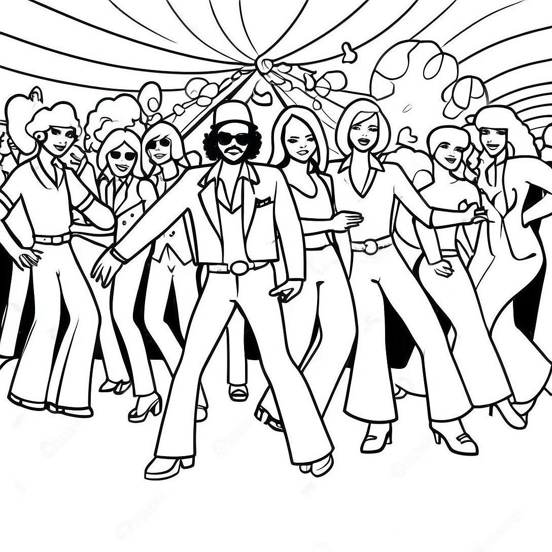 Colorful 70's Disco Dance Party Coloring Page | 70's Groovy coloring page