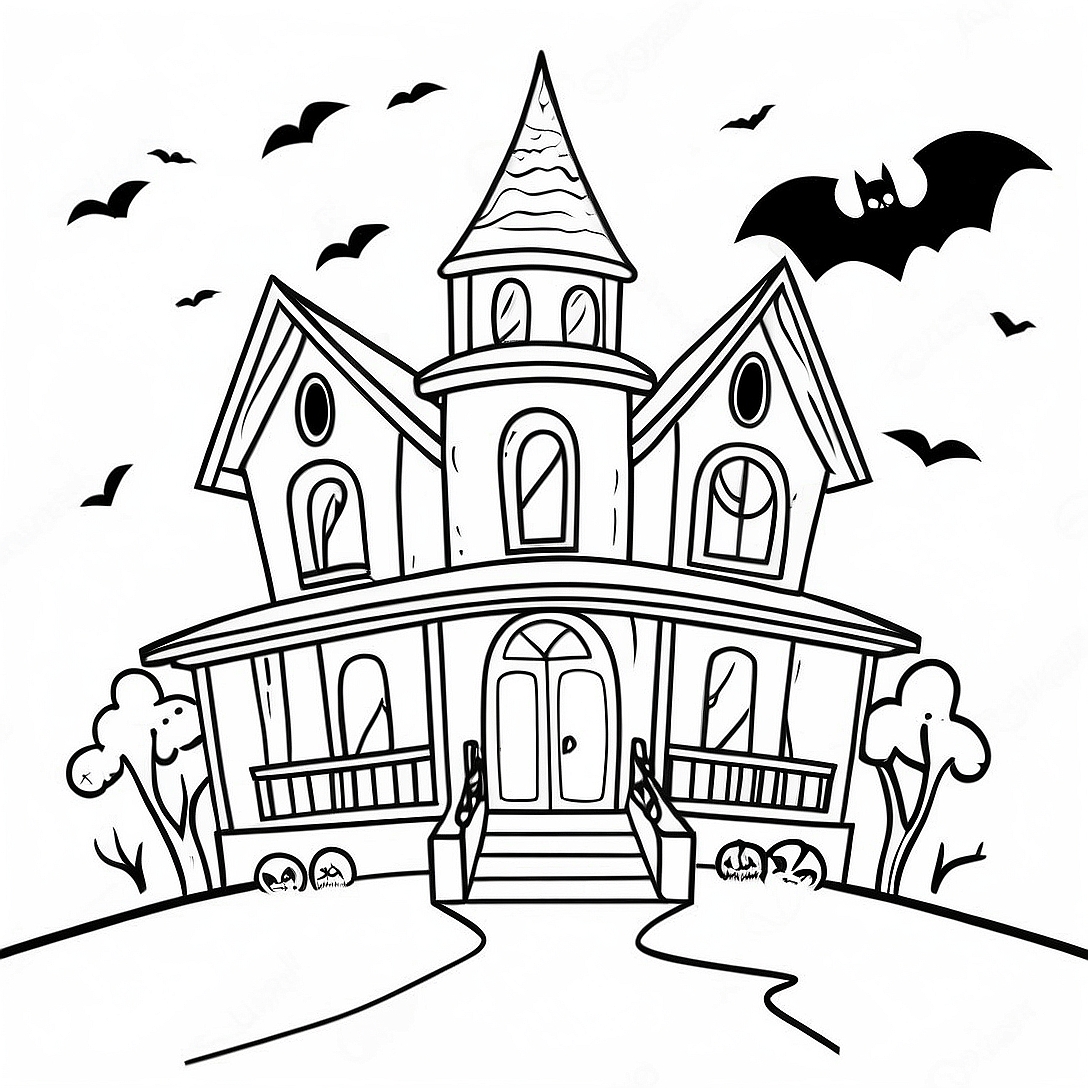 Vintage Halloween Haunted House Coloring Page | Vintage Halloween coloring page