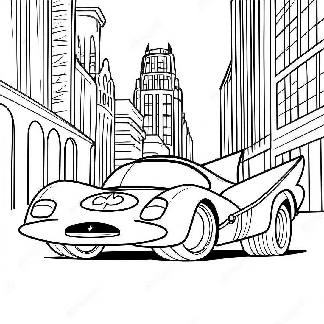 Batmobile Speeding Through Gotham Coloring Page | Batmobile coloring page