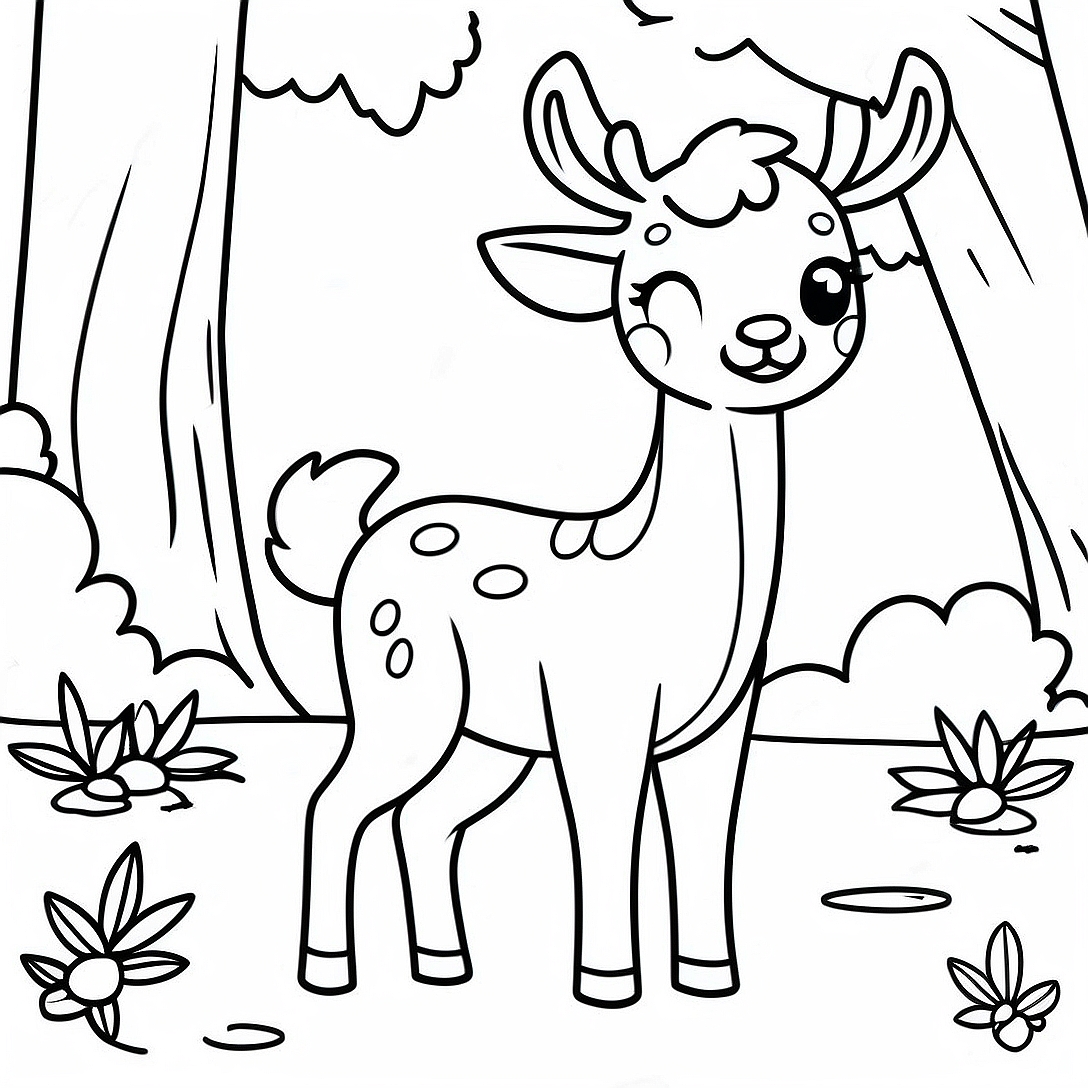 Cute Baby Deer in the Forest Coloring Page | Forest Animals coloring page