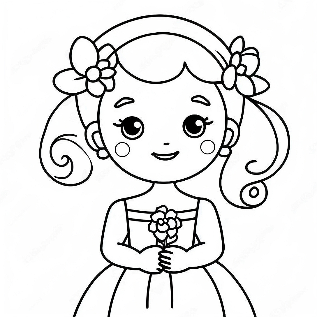 Cute Flower Girl in Elegant Dress Coloring Page | Flower Girl coloring page