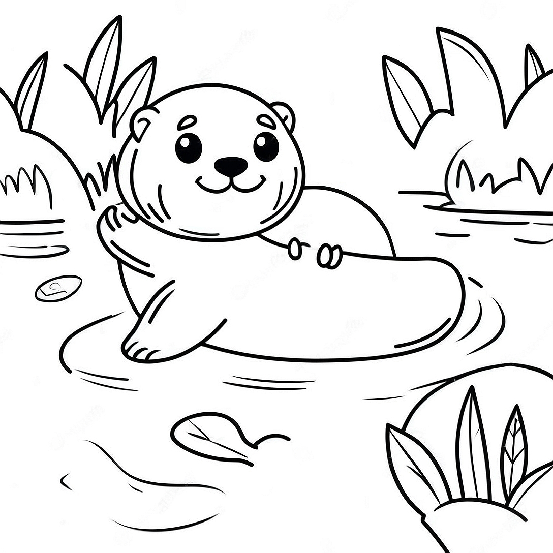 Cute Otter Swimming in a River Coloring Page | Otter coloring page
