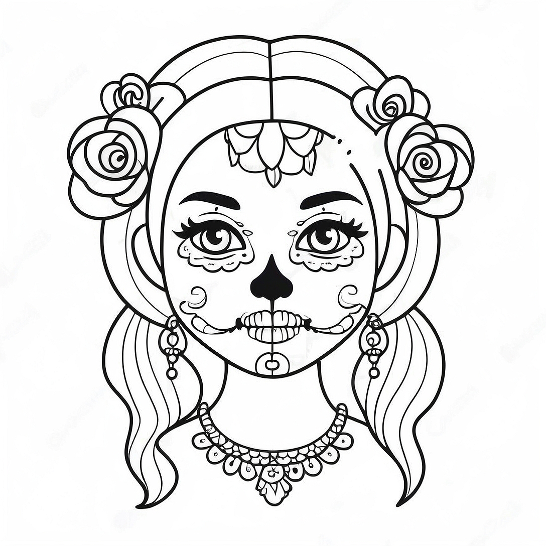 Gangsta Sugar Skull Girl with Colorful Hair Coloring Page | Gangsta Sugar Skull Girl coloring page