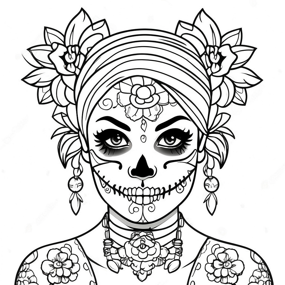 Edgy Gangsta Sugar Skull Girl with Tattoos Coloring Page | Gangsta Sugar Skull Girl coloring page