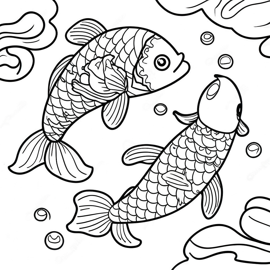 Koi Fish Swimming in a Colorful Pond Coloring Page | Koi Fish Adventures coloring page