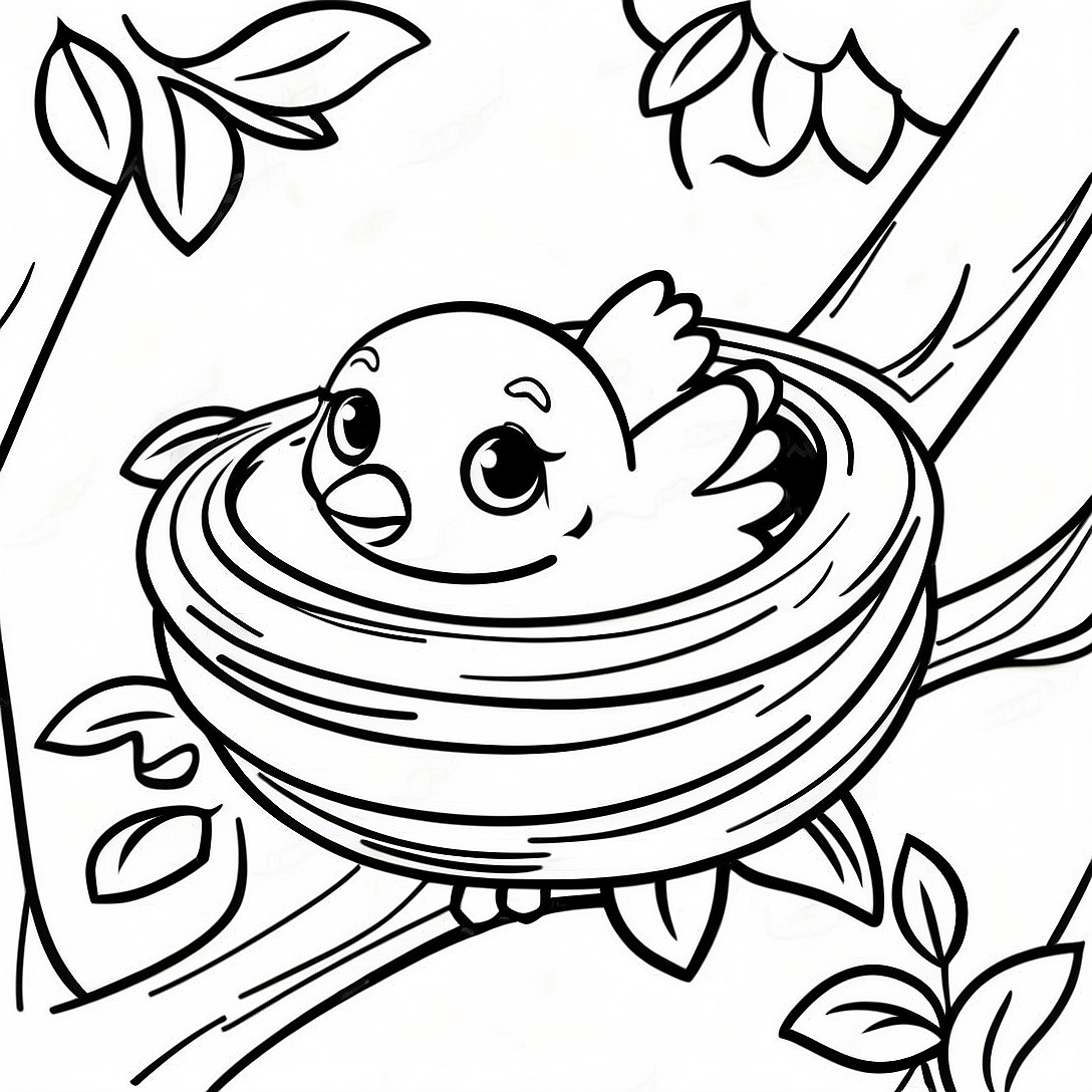 Baby Bird Nesting in a Cozy Tree Coloring Page | Baby Bird coloring page