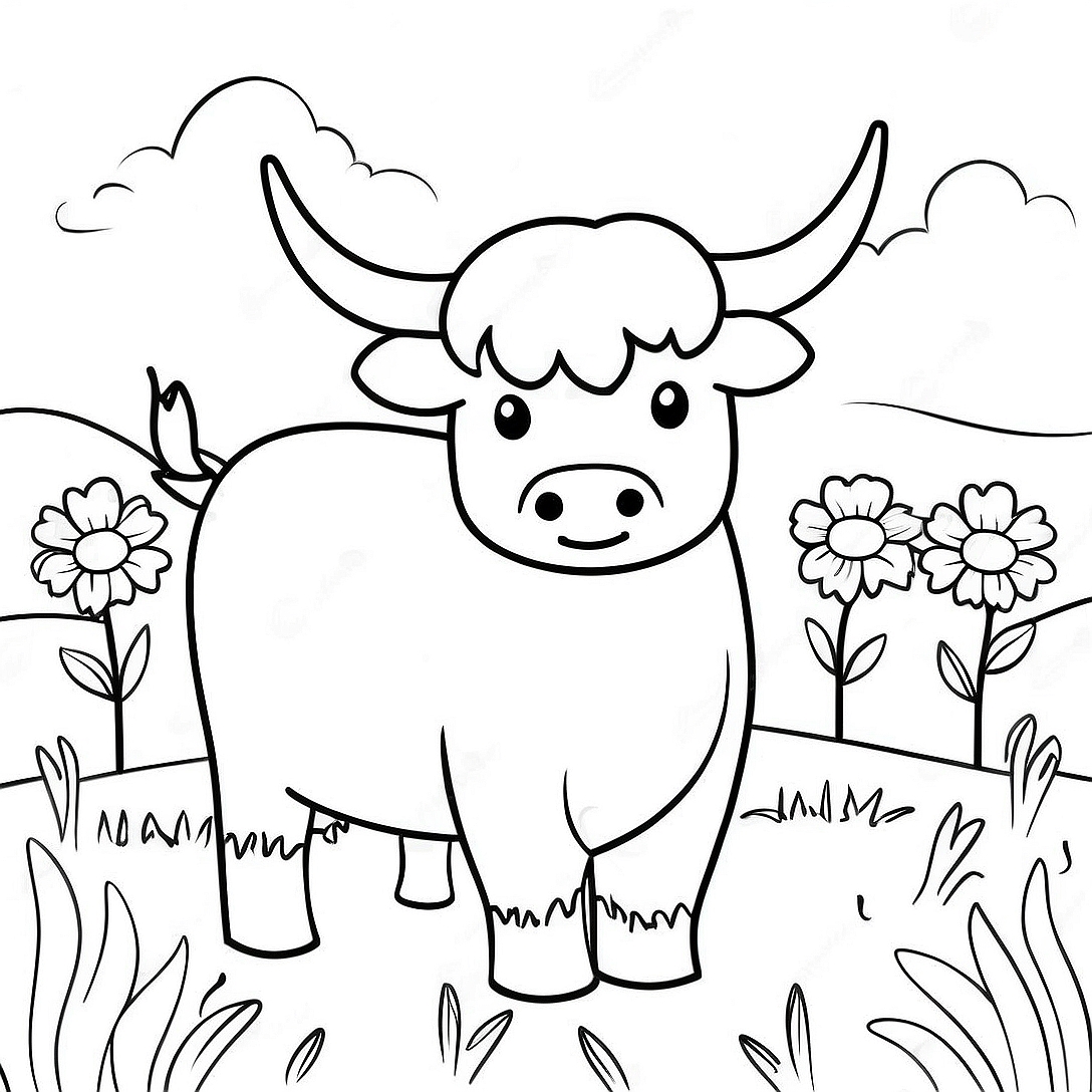 Cute Highland Cow in a Flower Field Coloring Page | Highland Cow coloring page