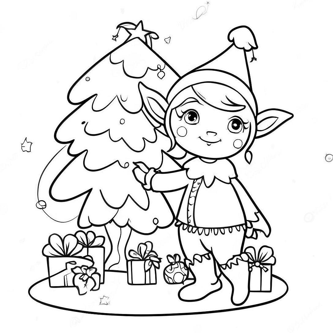 Whimsical Elf with Christmas Tree Coloring Page | Elf for Adults coloring page