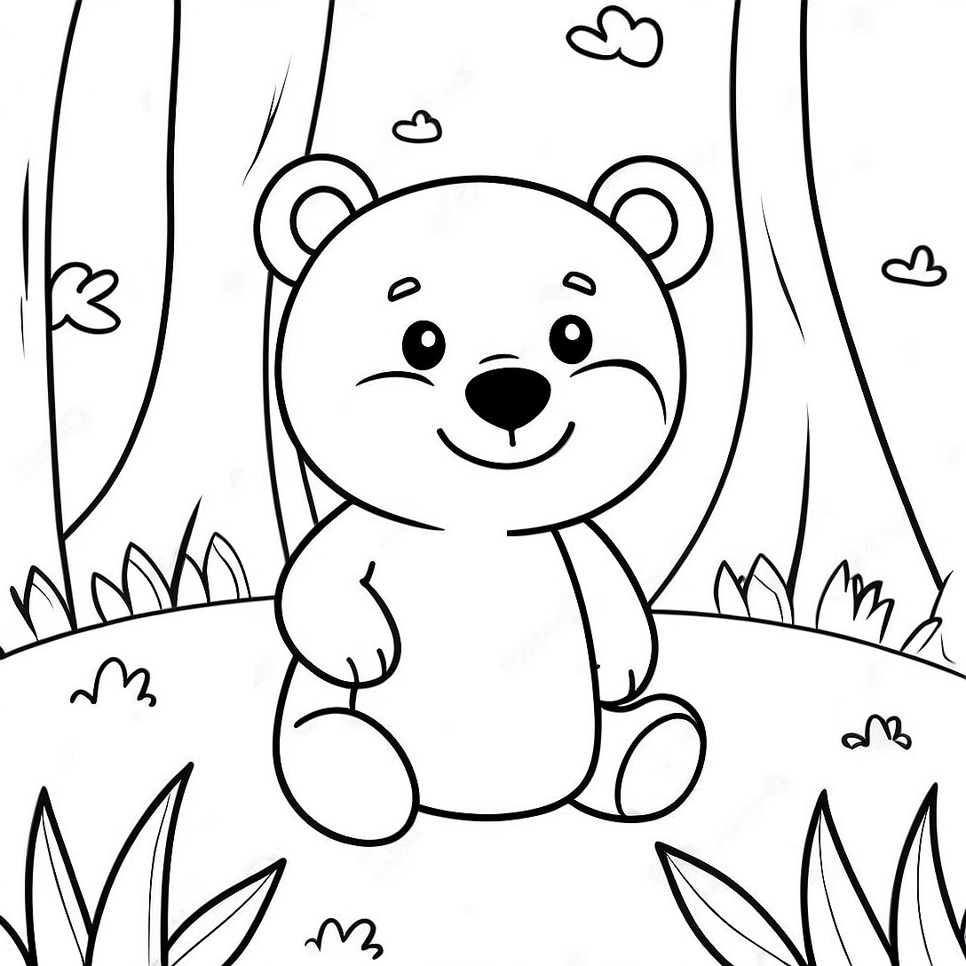 Cute Hey Bear in a Forest Coloring Page | Hey Bear coloring page
