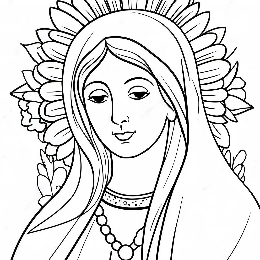 Beautiful Virgin Mary with Flowers Coloring Page | Virgin Mary coloring page