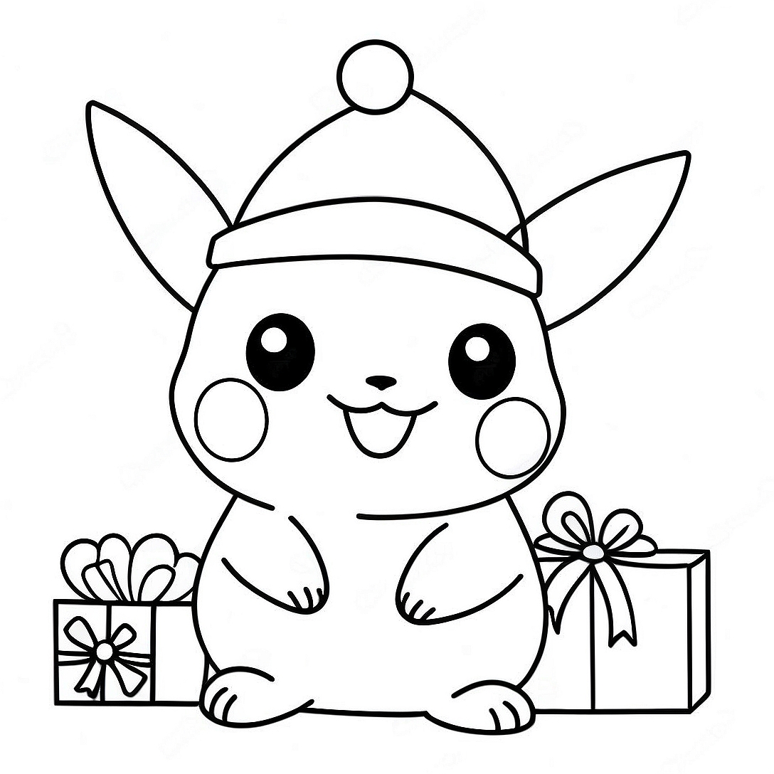 Festive Pikachu with Santa Hat Coloring Page | Pikachu Christmas coloring page