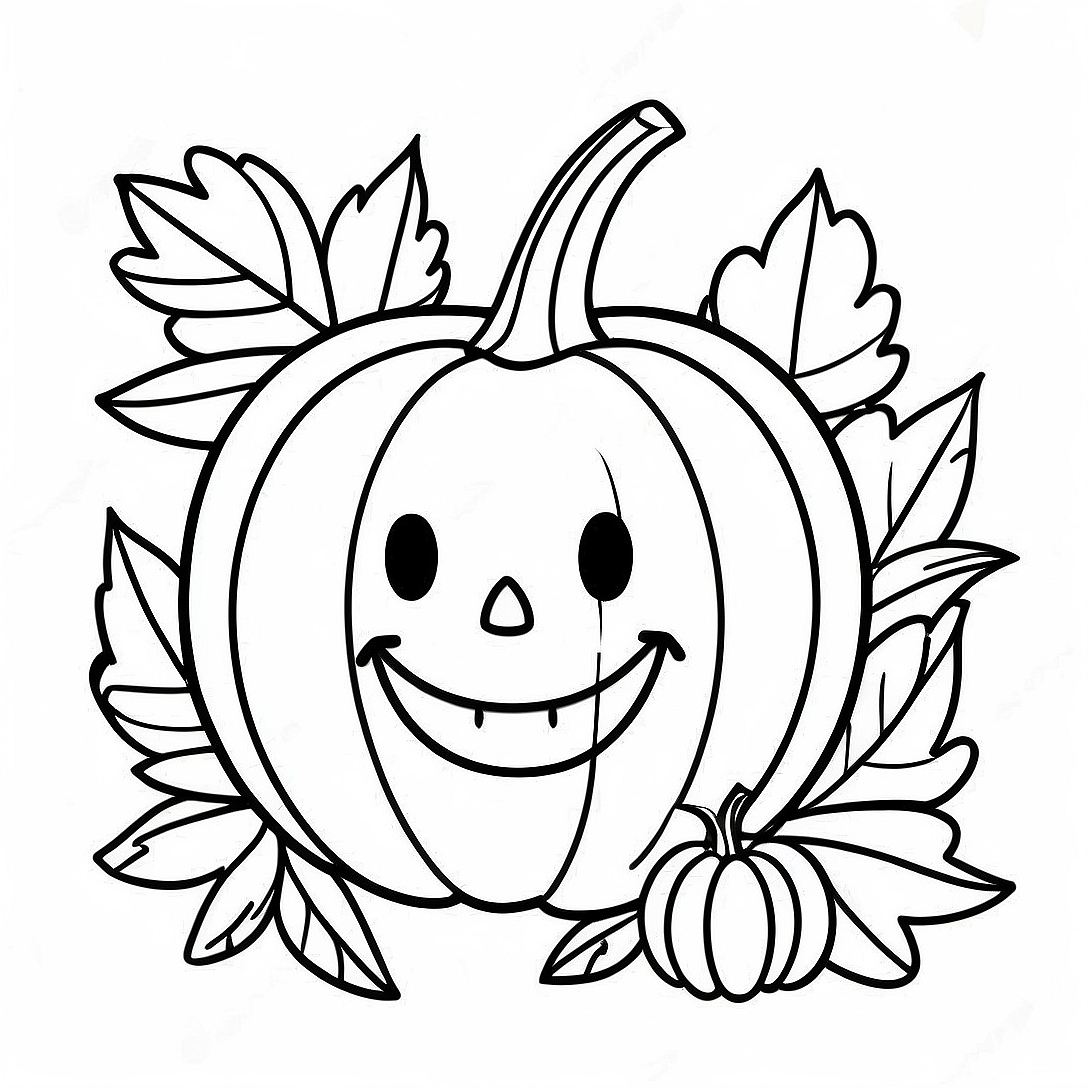 Smiling Pumpkin with Leaves Coloring Page | Autumn Pumpkin coloring page
