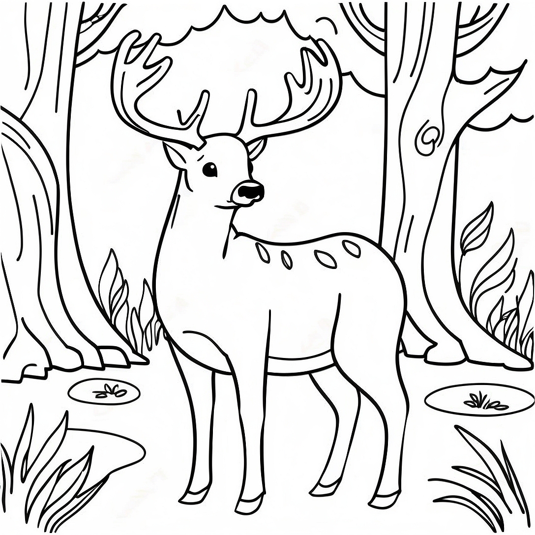 Buck Deer in a Forest Coloring Page | Buck coloring page