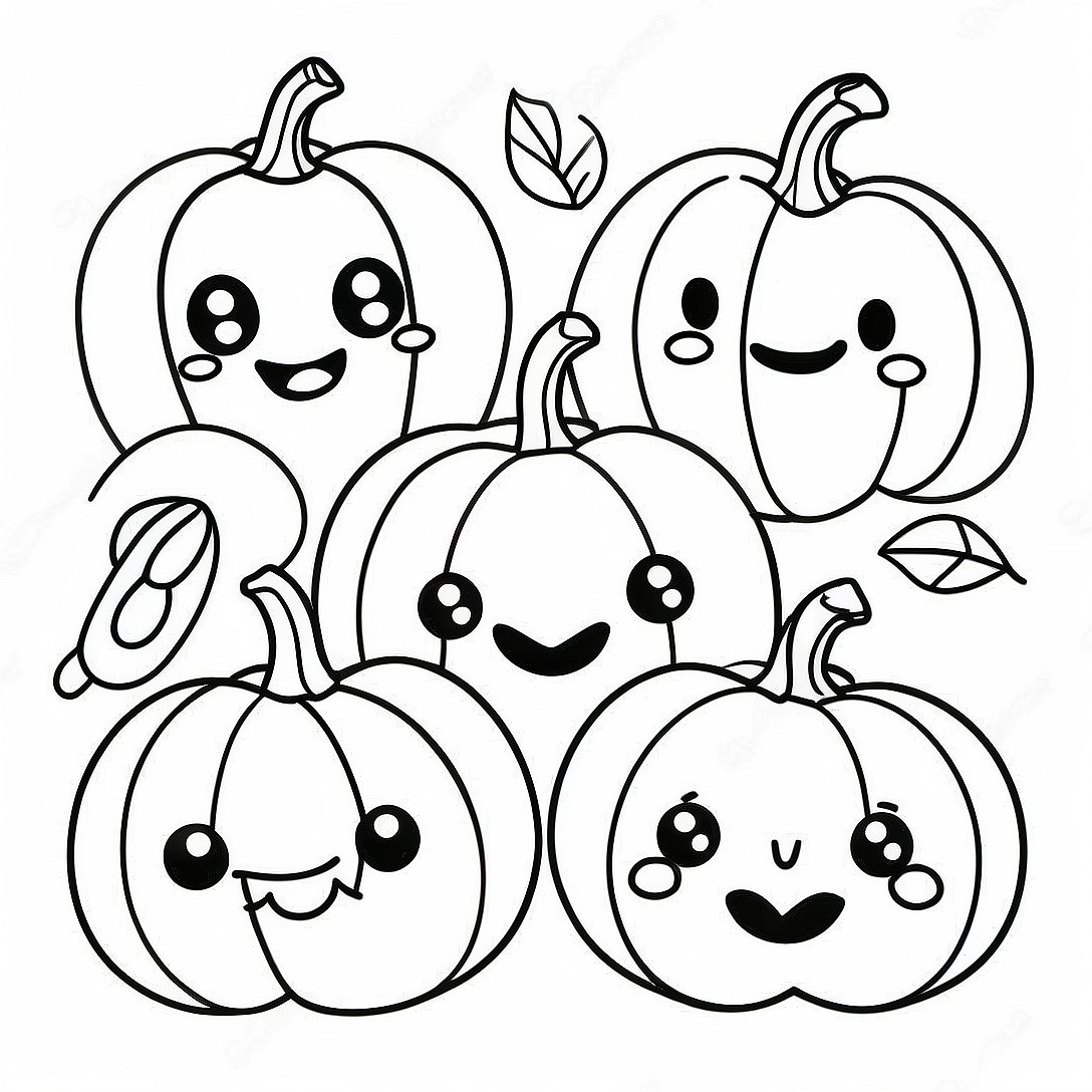 Adorable Pumpkins with Smiling Faces Coloring Page | Cute Pumpkin Patch coloring page