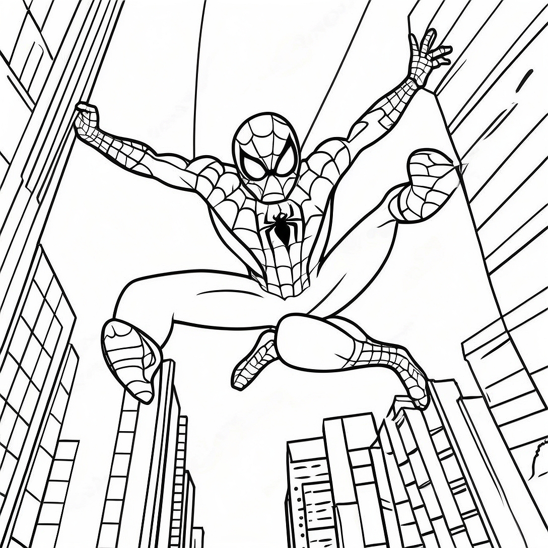 Spiderman Swinging Through the City Coloring Page | Spiderman Valentine coloring page