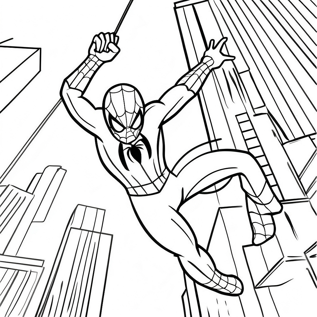 Dynamic Spiderman Swinging Through City Coloring Page | Spiderman Sonic coloring page