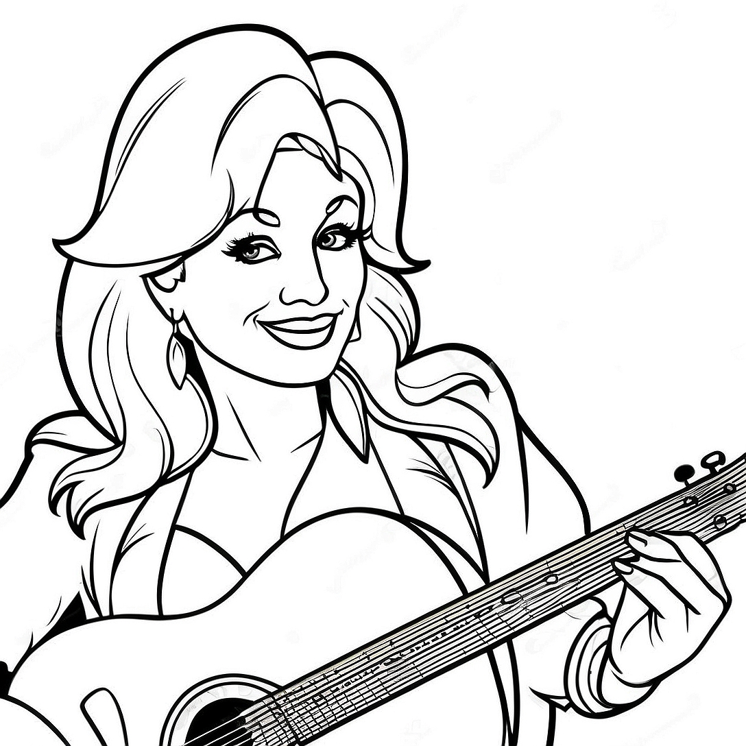Dolly Parton with Guitar Coloring Page | Dolly Parton coloring page