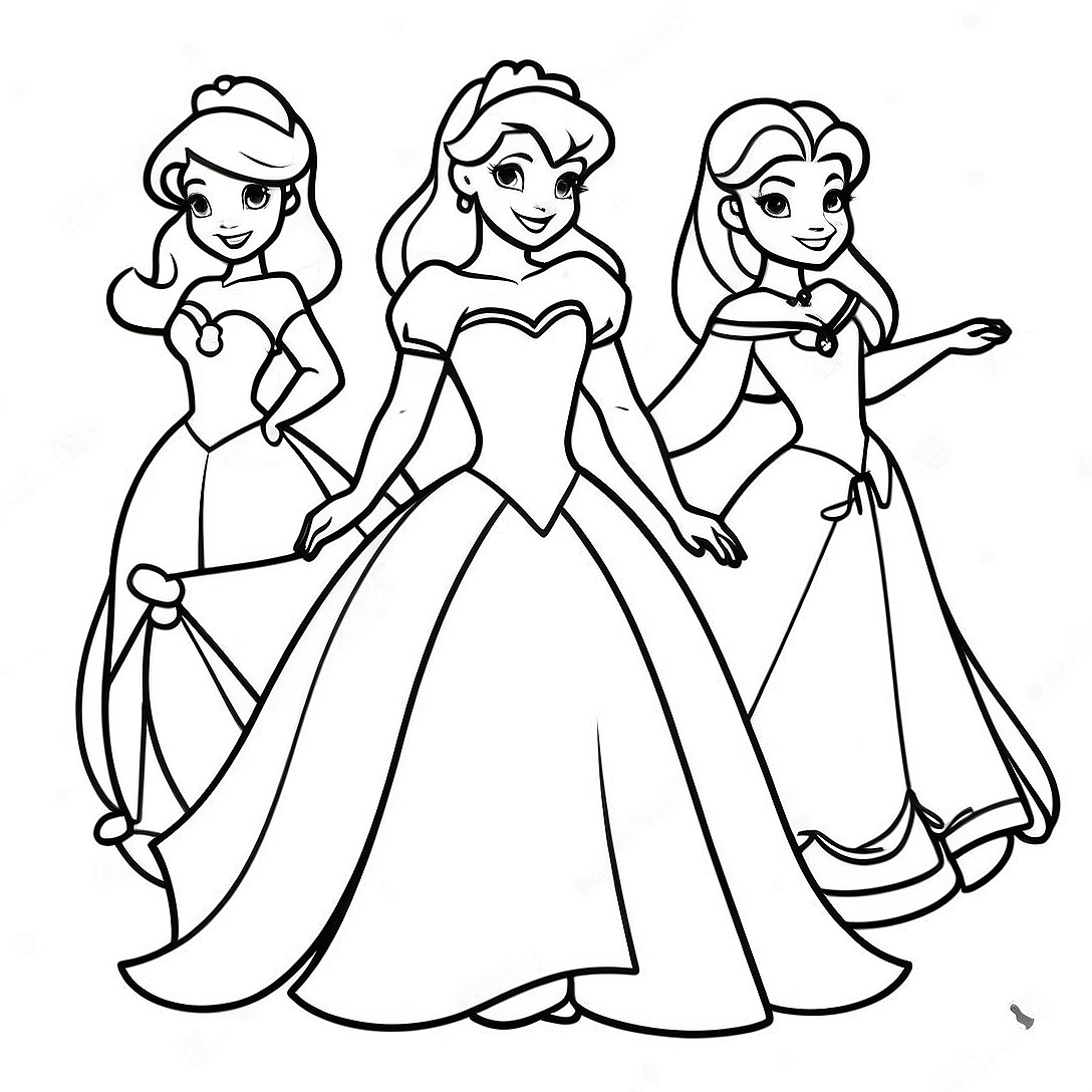 Elegant Disney Princesses Coloring Page | Disney for Adults coloring page