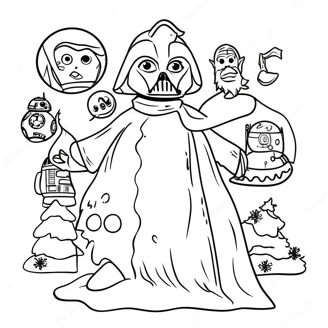 Star Wars Christmas Tree with Characters Coloring Page | Star Wars Christmas coloring page