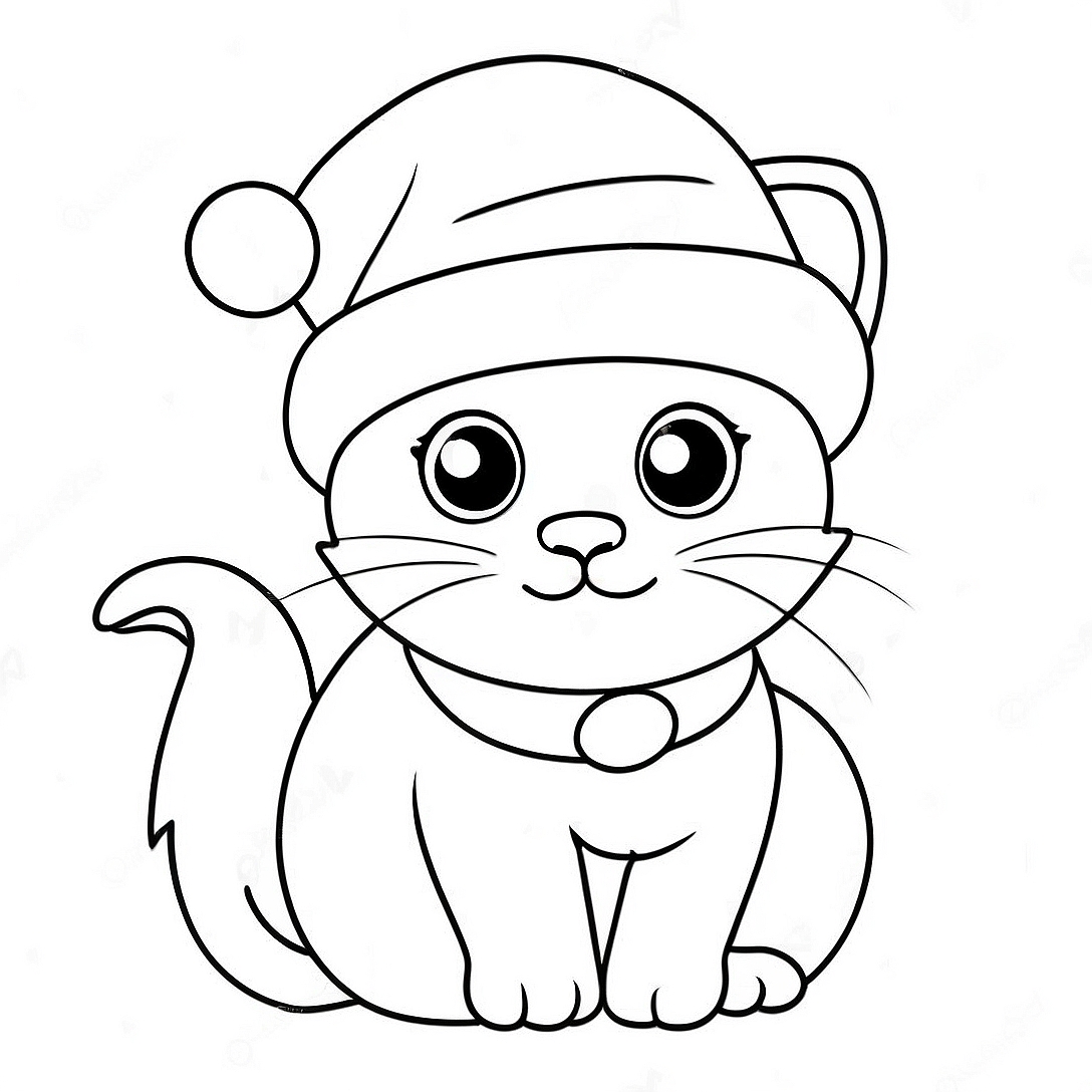 Adorable Christmas Cat with Santa Hat Coloring Page | Cute Christmas Cat coloring page