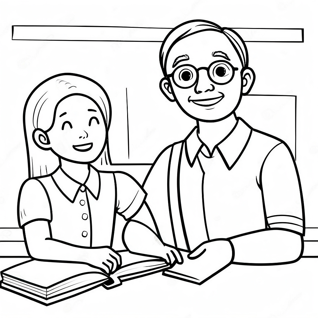 Friendly Teacher with Students Coloring Page | Cute Teacher coloring page