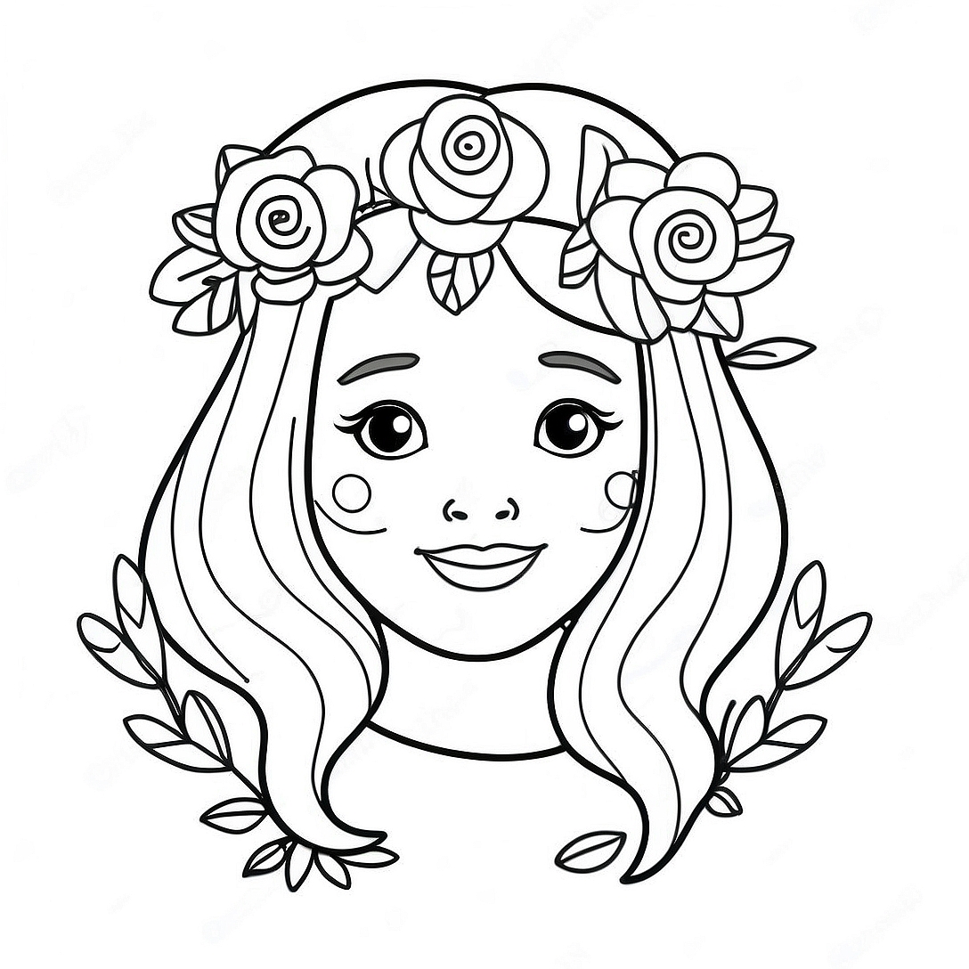 Cute Girl with Flower Crown Coloring Page | Cute Girl Easy coloring page