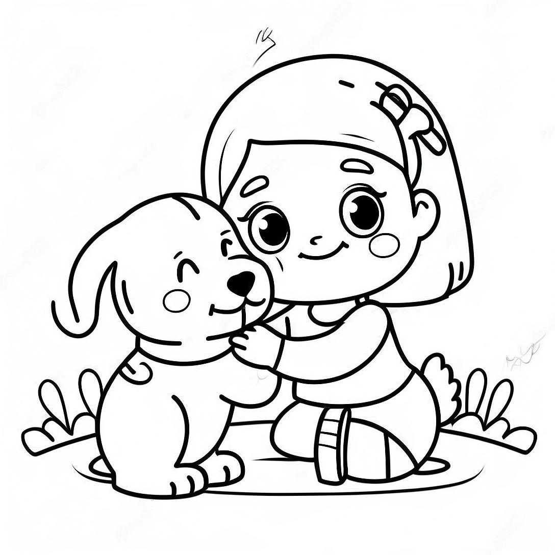 Adorable Girl Playing with a Puppy Coloring Page | Cute Girl Easy coloring page